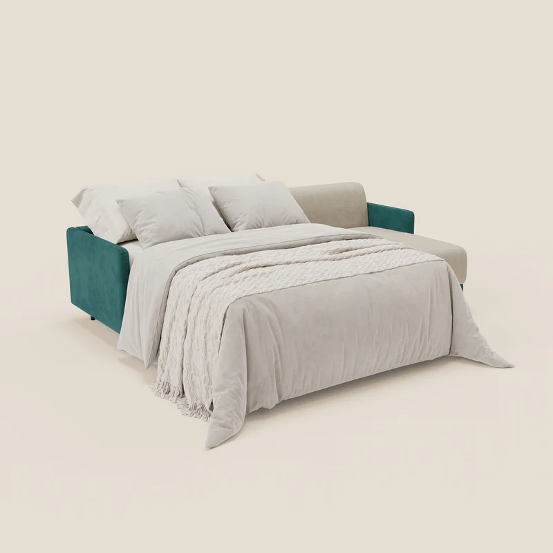 Narciso canapé d'angle convertible avec matelas H18 cm et chaise longue coffre en tissu bicouleur T11 et T06 bleu canard - crème