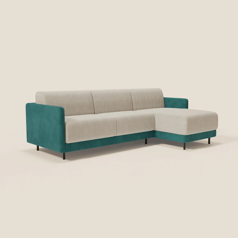 Narciso canapé d'angle convertible avec matelas H18 cm et chaise longue coffre en tissu bicouleur T11 et T06 bleu canard - crème