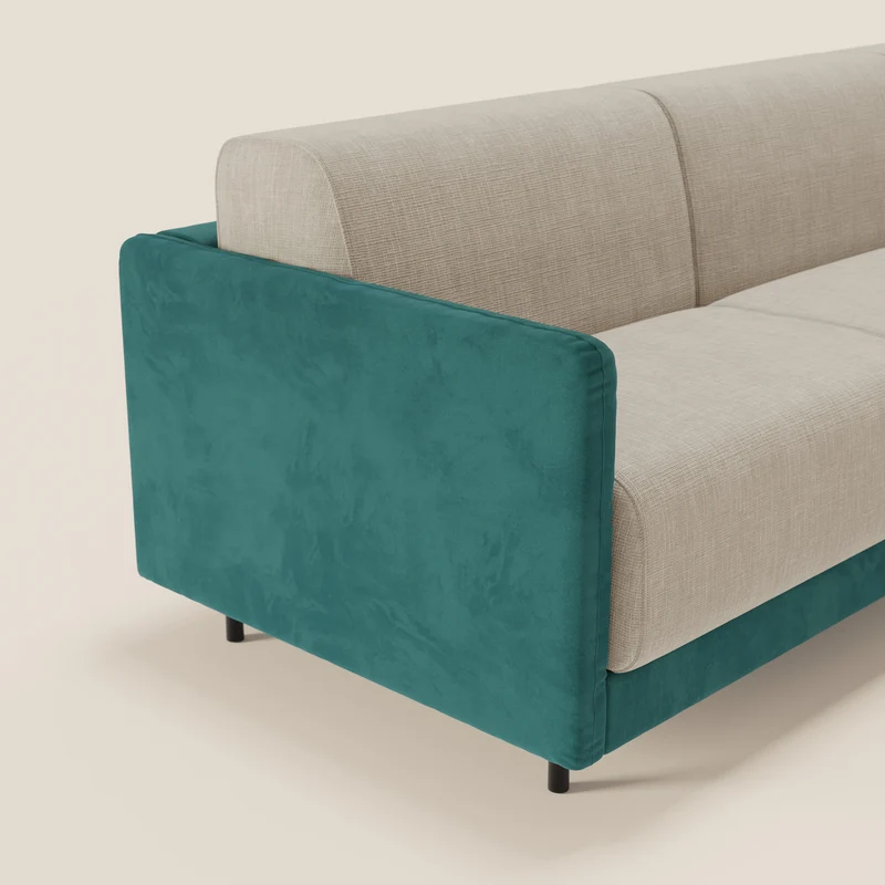 Narciso canapé d'angle convertible avec matelas H18 cm et chaise longue coffre en tissu bicouleur T11 et T06 bleu canard - crème