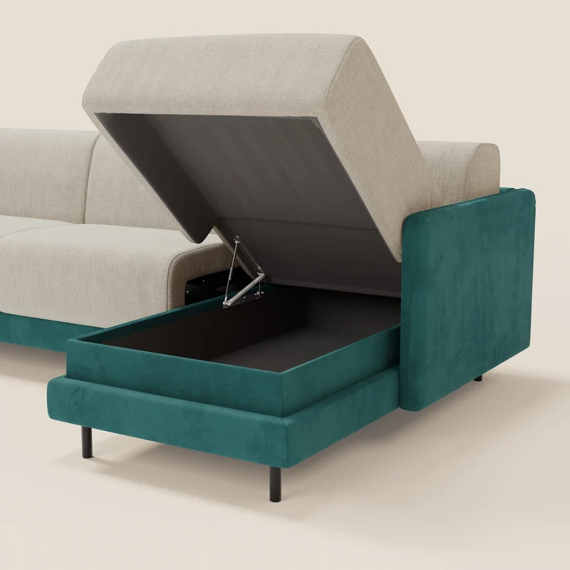 Narciso canapé d'angle convertible avec matelas H18 cm et chaise longue coffre en tissu bicouleur T11 et T06 bleu canard - crème