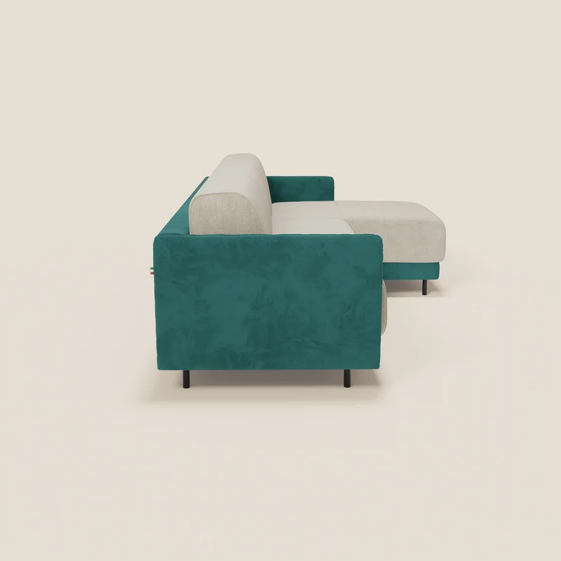 Narciso canapé d'angle convertible avec matelas H18 cm et chaise longue coffre en tissu bicouleur T11 et T06 bleu canard - crème