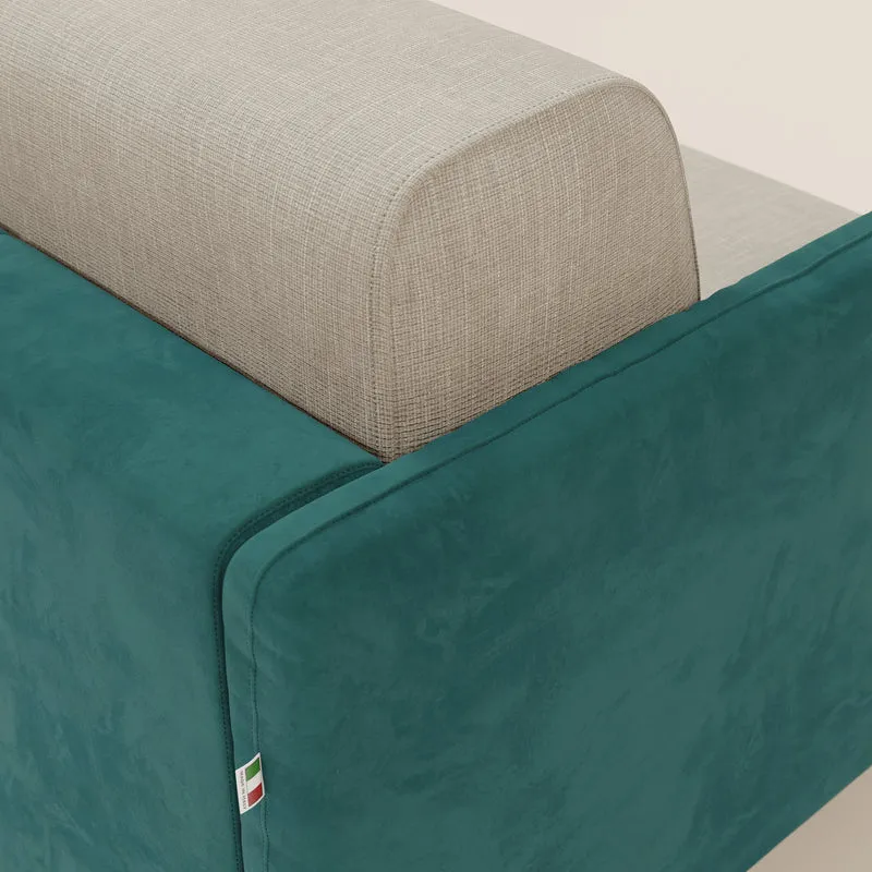 Narciso canapé d'angle convertible avec matelas H18 cm et chaise longue coffre en tissu bicouleur T11 et T06 bleu canard - crème