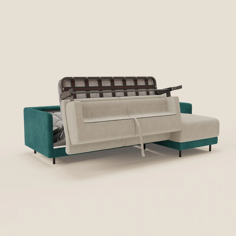 Narciso canapé d'angle convertible avec matelas H18 cm et chaise longue coffre en tissu bicouleur T11 et T06 bleu canard - crème