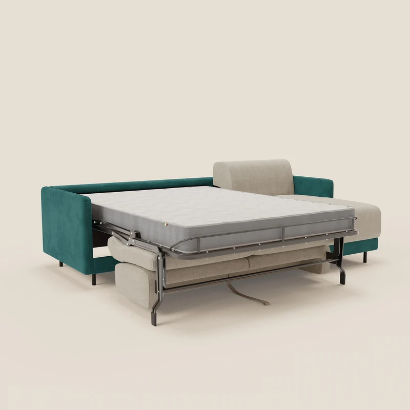 Narciso canapé d'angle convertible avec matelas H18 cm et chaise longue coffre en tissu bicouleur T11 et T06 bleu canard - crème