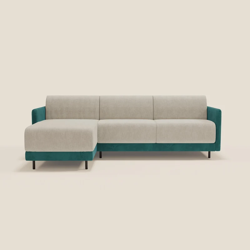 Narciso canapé d'angle convertible avec matelas H18 cm et chaise longue coffre en tissu bicouleur T11 et T06 bleu canard - crème