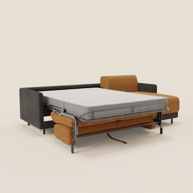 Narciso canapé d'angle convertible avec matelas H18 cm et chaise longue coffre en tissu bicouleur T11 et T06 noir - ocre