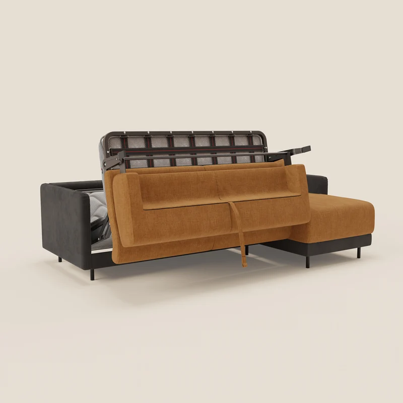 Narciso canapé d'angle convertible avec matelas H18 cm et chaise longue coffre en tissu bicouleur T11 et T06 noir - ocre