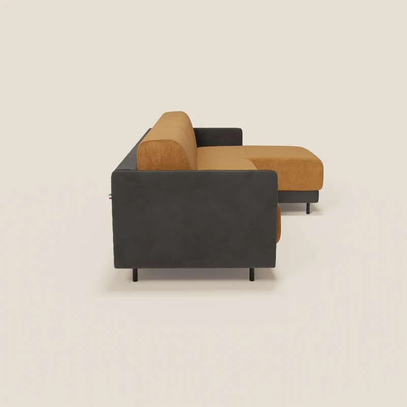 Narciso canapé d'angle convertible avec matelas H18 cm et chaise longue coffre en tissu bicouleur T11 et T06 noir - ocre
