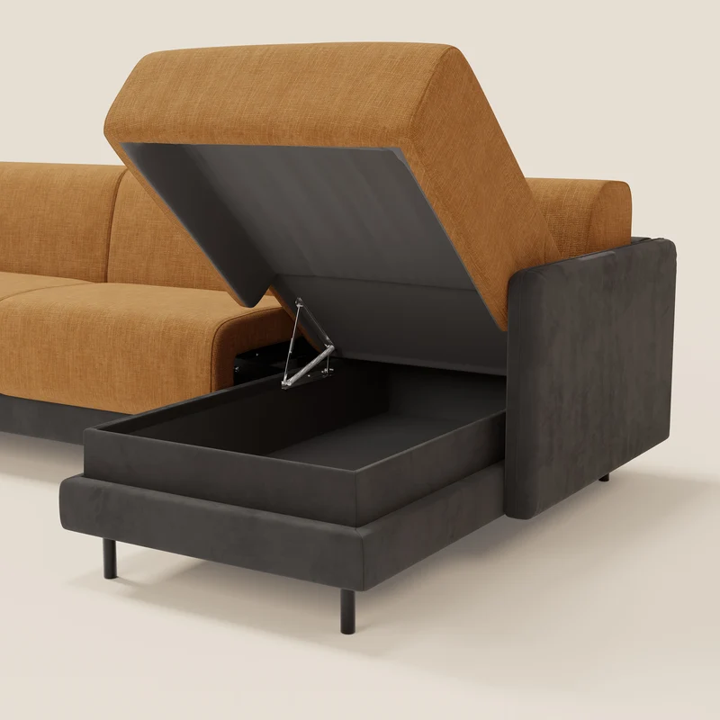 Narciso canapé d'angle convertible avec matelas H18 cm et chaise longue coffre en tissu bicouleur T11 et T06 noir - ocre