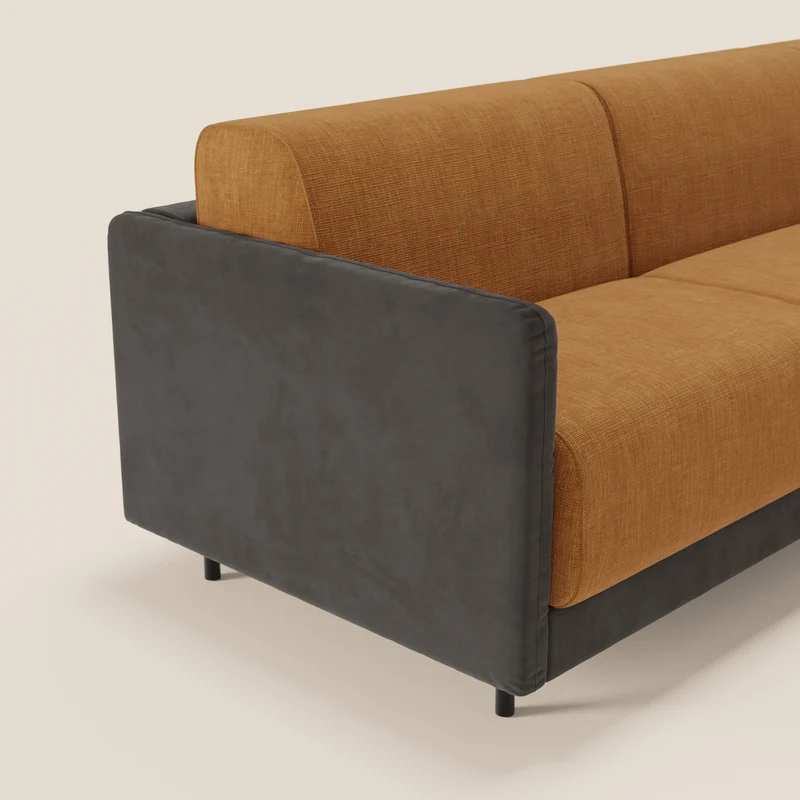 Narciso canapé d'angle convertible avec matelas H18 cm et chaise longue coffre en tissu bicouleur T11 et T06 noir - ocre