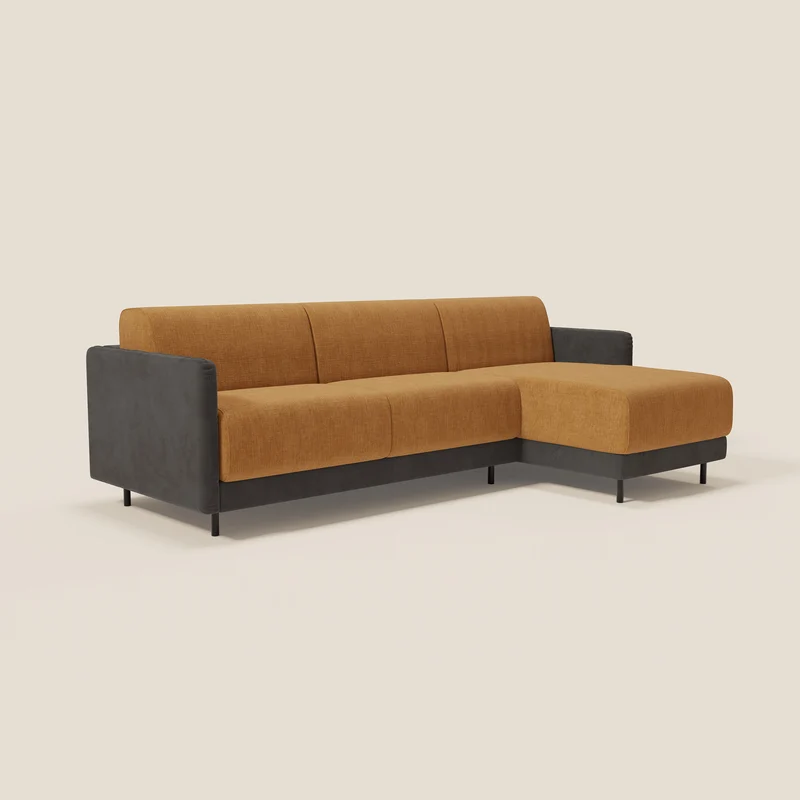 Narciso canapé d'angle convertible avec matelas H18 cm et chaise longue coffre en tissu bicouleur T11 et T06 noir - ocre