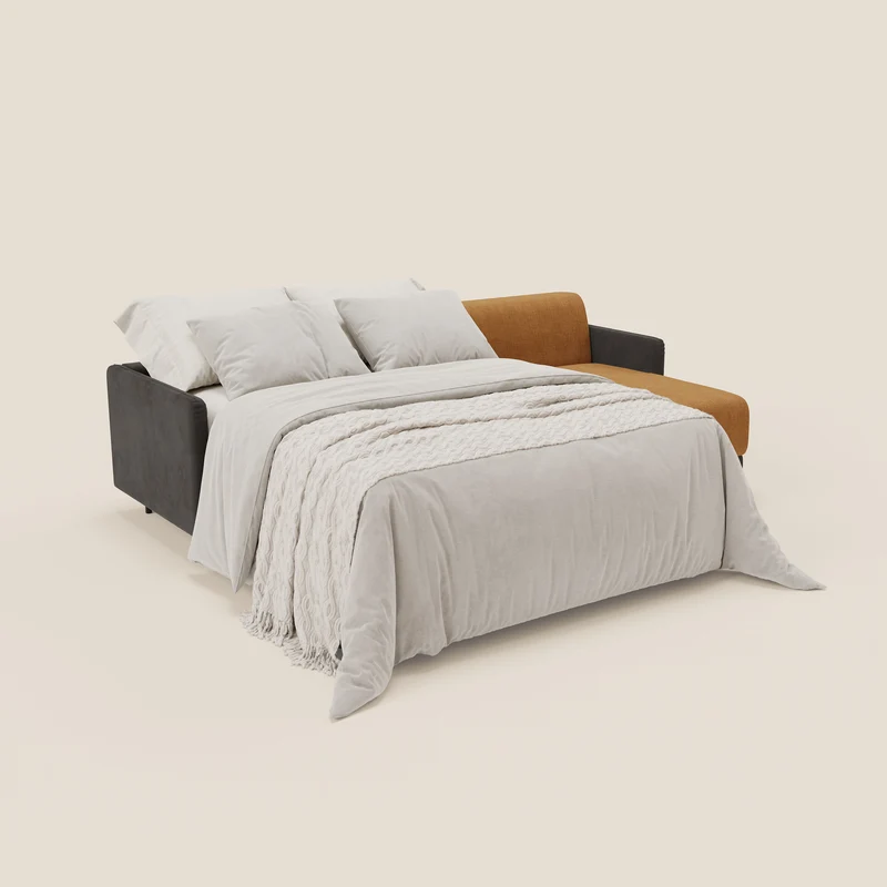 Narciso canapé d'angle convertible avec matelas H18 cm et chaise longue coffre en tissu bicouleur T11 et T06 noir - ocre