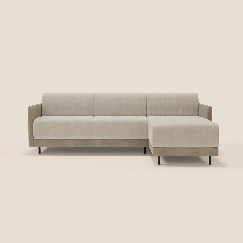 Narciso canapé d'angle convertible avec matelas H18 cm et chaise longue coffre en tissu bicouleur T11 et T06 taupe - crème
