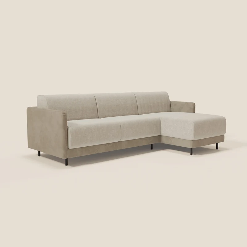 Narciso canapé d'angle convertible avec matelas H18 cm et chaise longue coffre en tissu bicouleur T11 et T06 taupe - crème