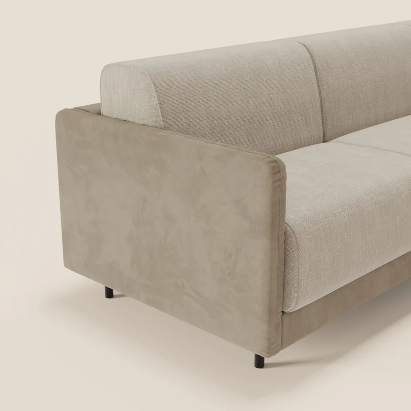 Narciso canapé d'angle convertible avec matelas H18 cm et chaise longue coffre en tissu bicouleur T11 et T06 taupe - crème