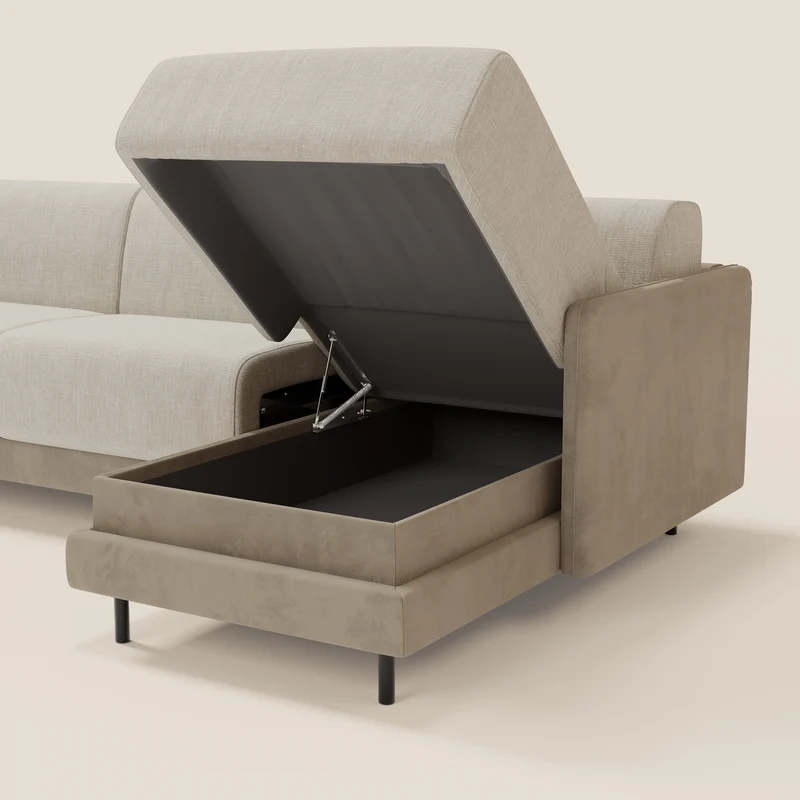 Narciso canapé d'angle convertible avec matelas H18 cm et chaise longue coffre en tissu bicouleur T11 et T06 taupe - crème