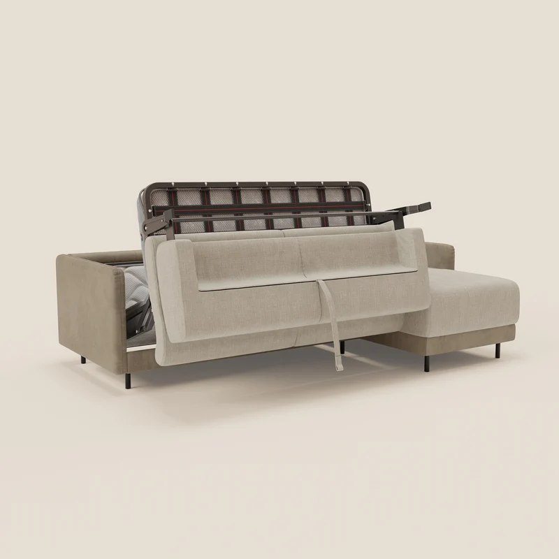 Narciso canapé d'angle convertible avec matelas H18 cm et chaise longue coffre en tissu bicouleur T11 et T06 taupe - crème