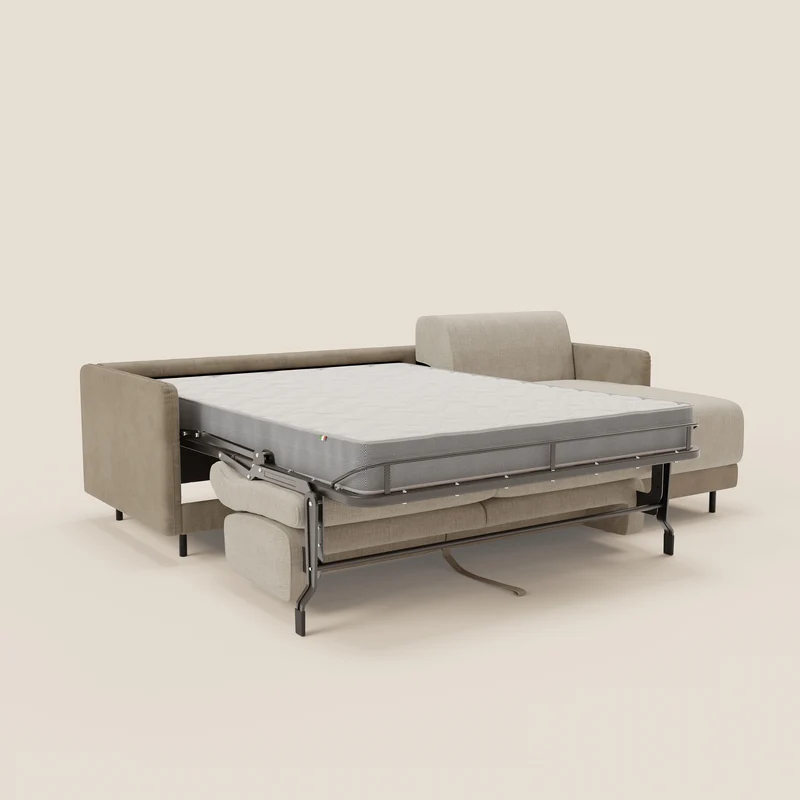 Narciso canapé d'angle convertible avec matelas H18 cm et chaise longue coffre en tissu bicouleur T11 et T06 taupe - crème