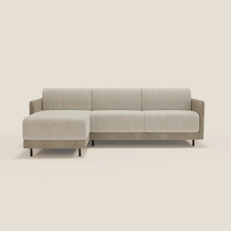 Narciso canapé d'angle convertible avec matelas H18 cm et chaise longue coffre en tissu bicouleur T11 et T06 taupe - crème