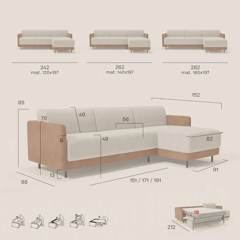 Narciso canapé d'angle convertible avec matelas H18 cm et chaise longue coffre en tissu bicouleur T11 et T06 taupe - crème