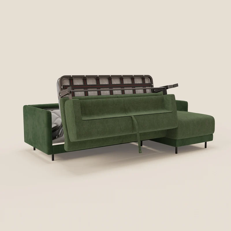 Narciso canapé d'angle convertible avec matelas H18 cm et chaise longue coffre en tissu bicouleur T11 et T06 vert - vert