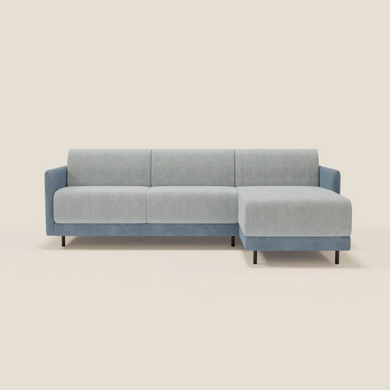 Narciso canapé d'angle convertible avec matelas H18 cm et chaise longue coffre en tissu bicouleur T11 et T06 bleu pastel - bleu glacier