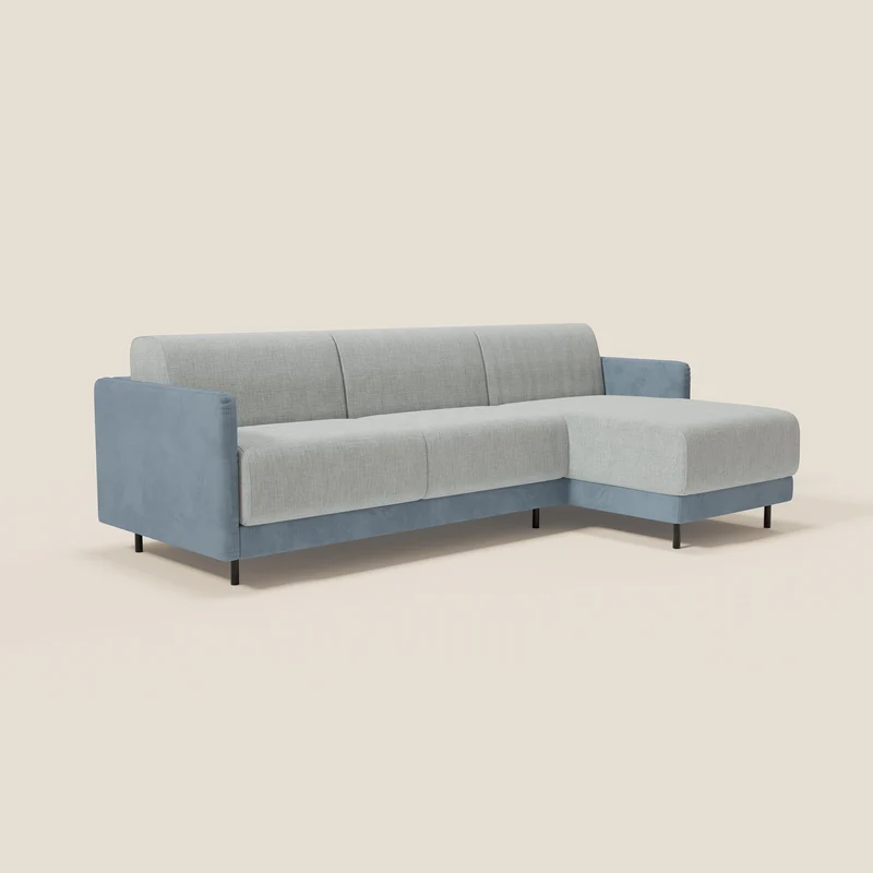 Narciso canapé d'angle convertible avec matelas H18 cm et chaise longue coffre en tissu bicouleur T11 et T06 bleu pastel - bleu glacier