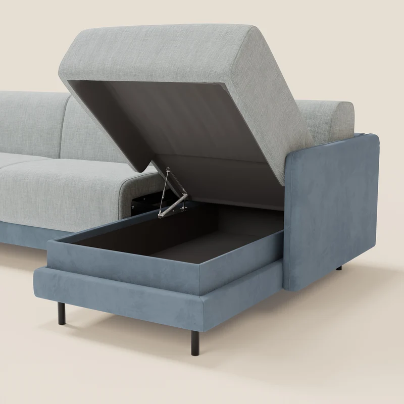 Narciso canapé d'angle convertible avec matelas H18 cm et chaise longue coffre en tissu bicouleur T11 et T06 bleu pastel - bleu glacier