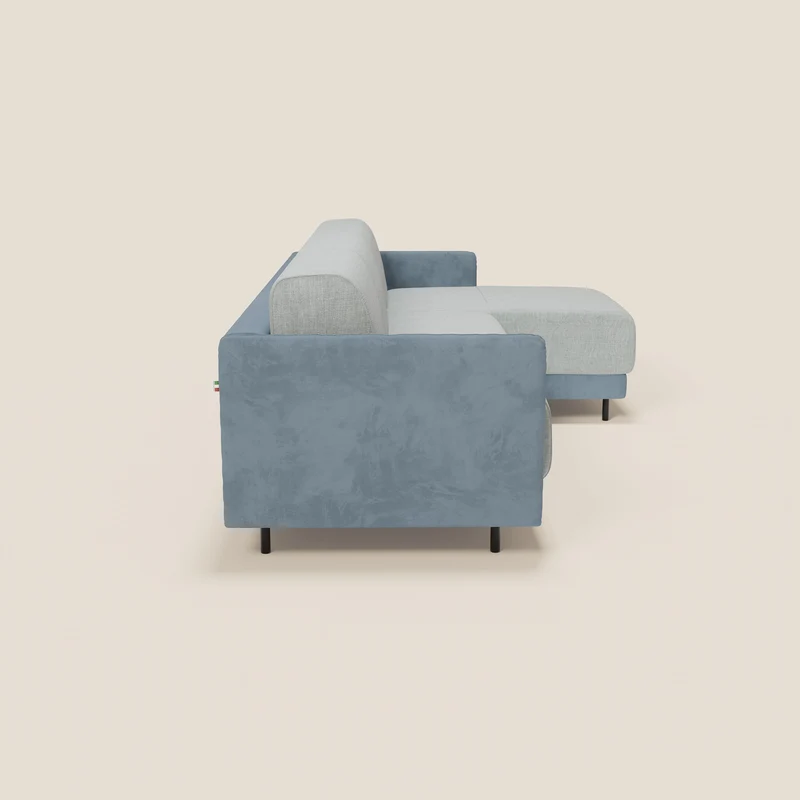 Narciso canapé d'angle convertible avec matelas H18 cm et chaise longue coffre en tissu bicouleur T11 et T06 bleu pastel - bleu glacier
