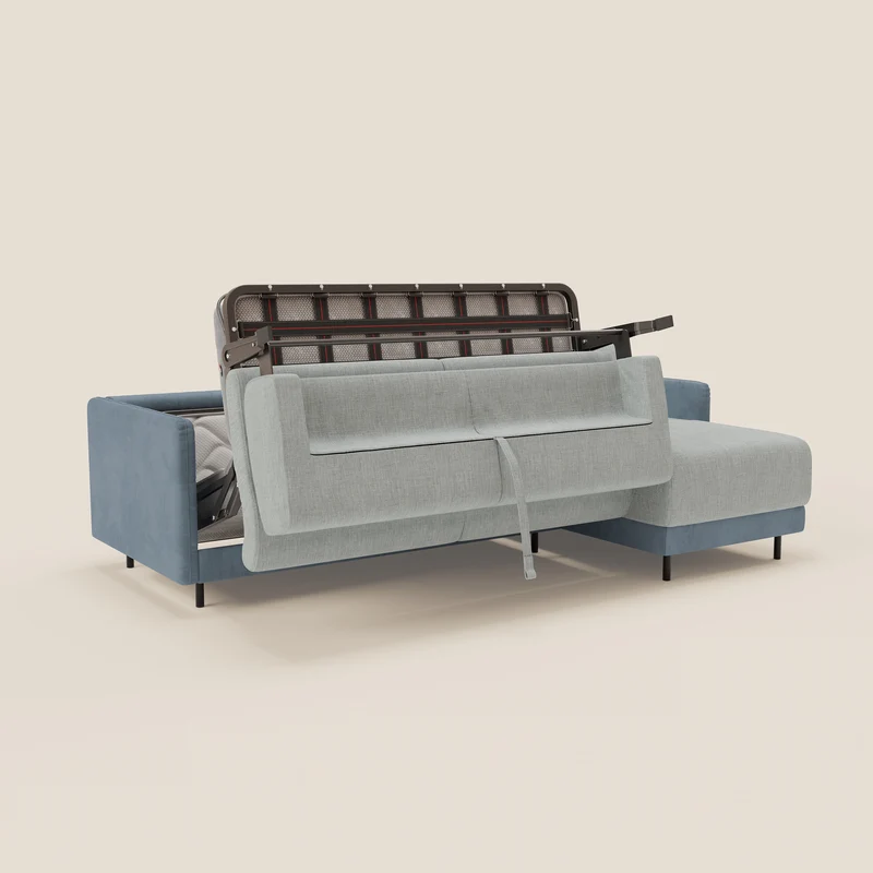 Narciso canapé d'angle convertible avec matelas H18 cm et chaise longue coffre en tissu bicouleur T11 et T06 bleu pastel - bleu glacier
