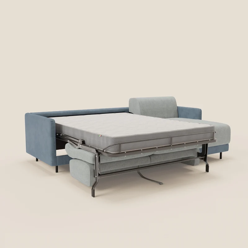 Narciso canapé d'angle convertible avec matelas H18 cm et chaise longue coffre en tissu bicouleur T11 et T06 bleu pastel - bleu glacier