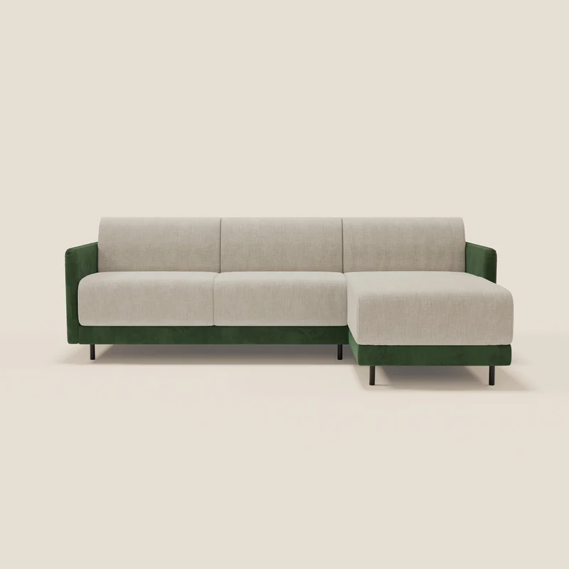 Narciso canapé d'angle convertible avec matelas H18 cm et chaise longue coffre en tissu bicouleur T11 et T06 vert - crème