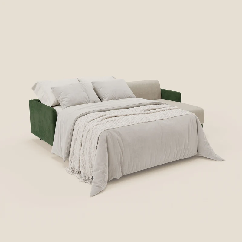 Narciso canapé d'angle convertible avec matelas H18 cm et chaise longue coffre en tissu bicouleur T11 et T06 vert - crème