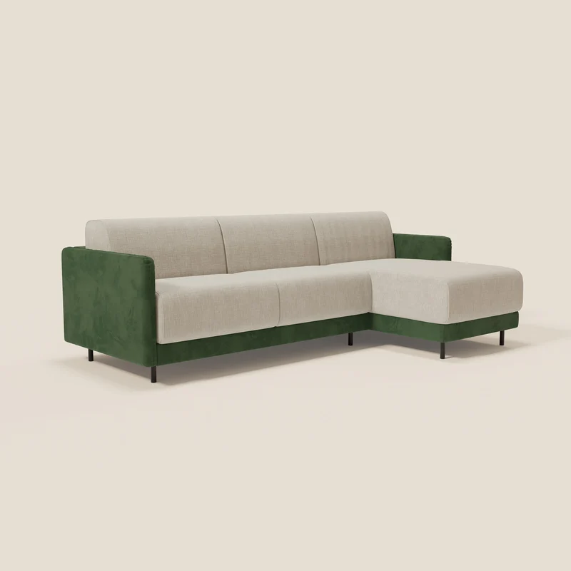 Narciso canapé d'angle convertible avec matelas H18 cm et chaise longue coffre en tissu bicouleur T11 et T06 vert - crème