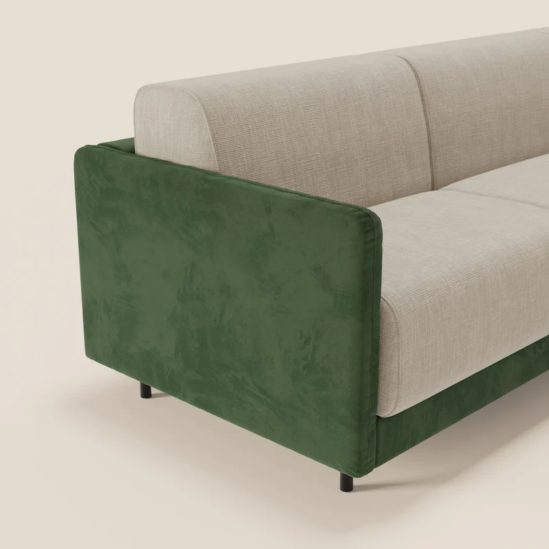 Narciso canapé d'angle convertible avec matelas H18 cm et chaise longue coffre en tissu bicouleur T11 et T06 vert - crème