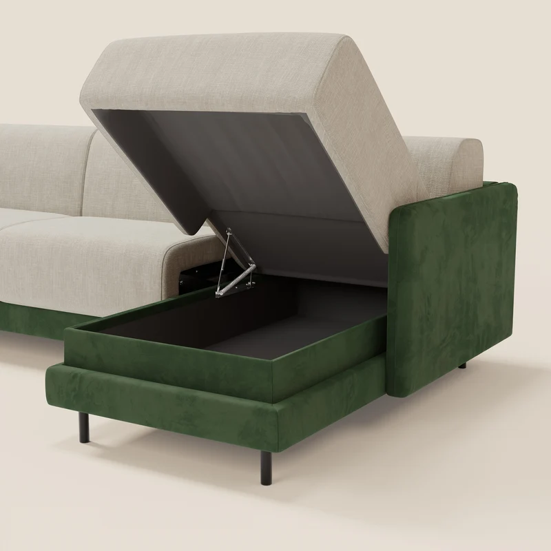 Narciso canapé d'angle convertible avec matelas H18 cm et chaise longue coffre en tissu bicouleur T11 et T06 vert - crème