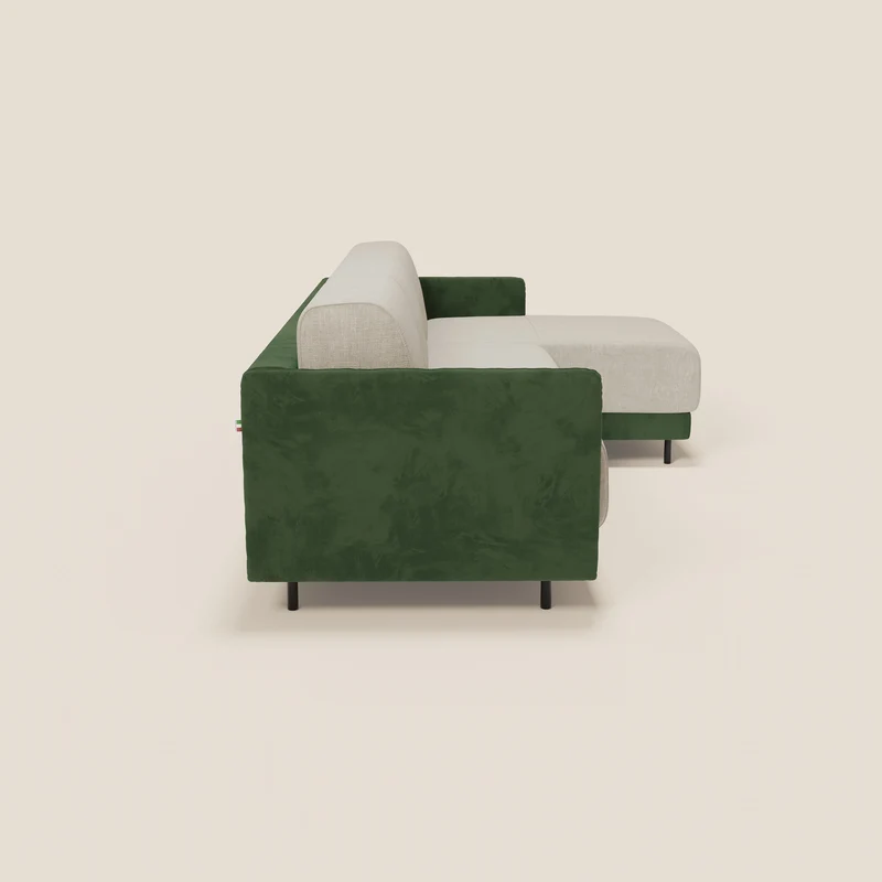 Narciso canapé d'angle convertible avec matelas H18 cm et chaise longue coffre en tissu bicouleur T11 et T06 vert - crème