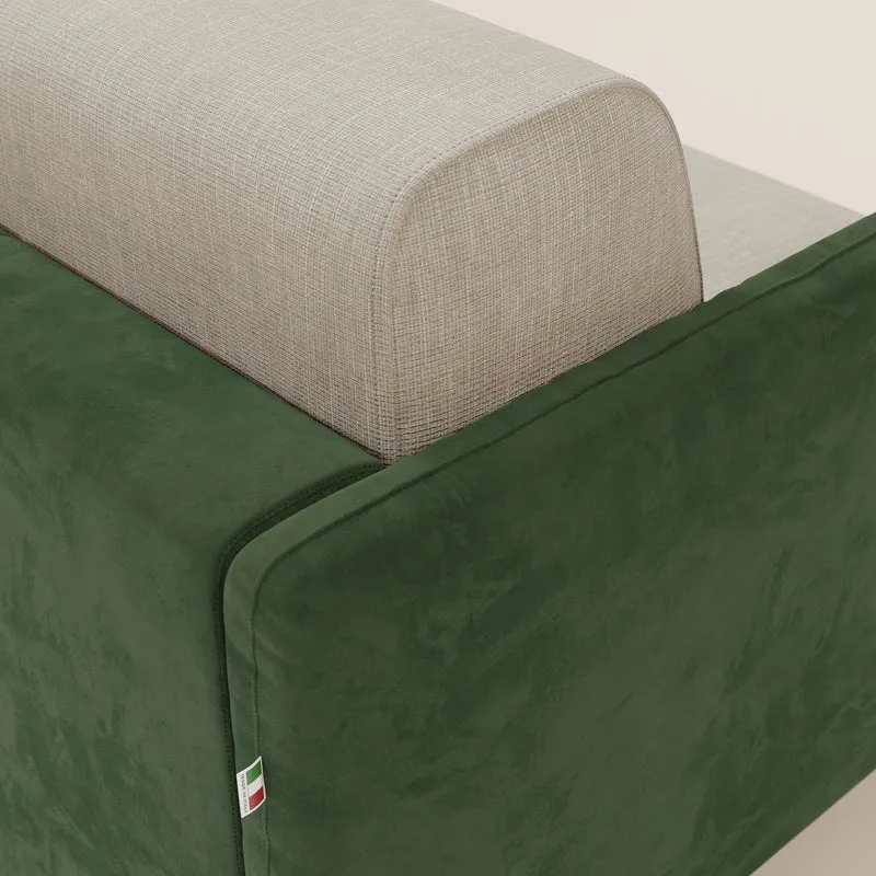 Narciso canapé d'angle convertible avec matelas H18 cm et chaise longue coffre en tissu bicouleur T11 et T06 vert - crème