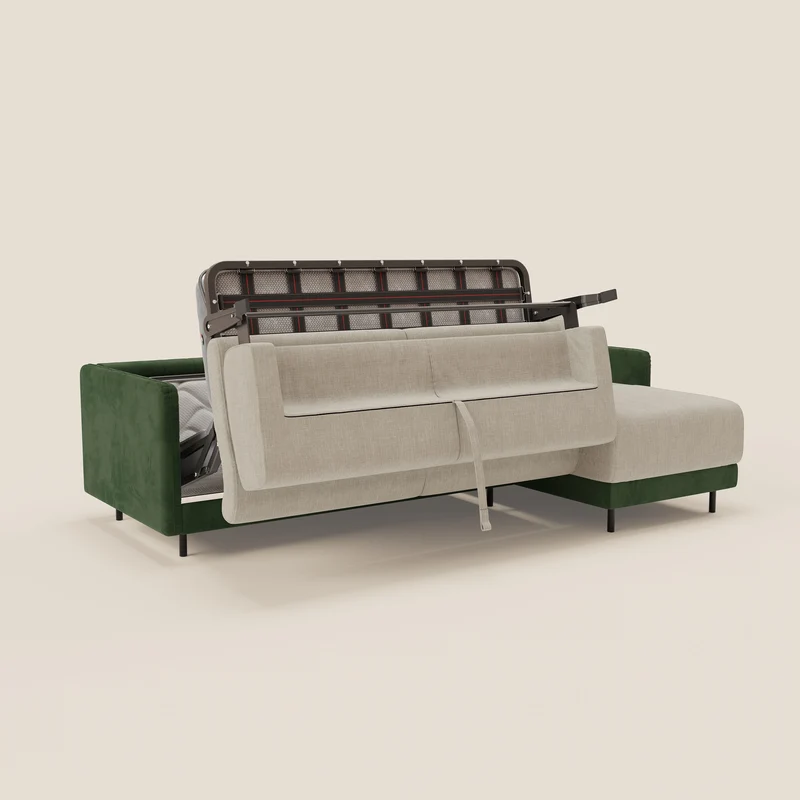 Narciso canapé d'angle convertible avec matelas H18 cm et chaise longue coffre en tissu bicouleur T11 et T06 vert - crème