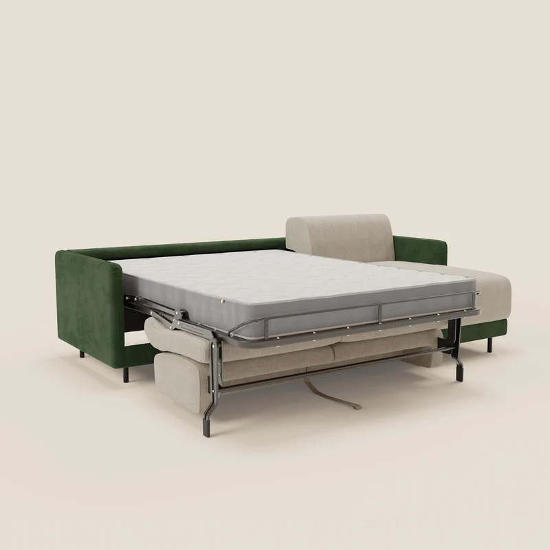 Narciso canapé d'angle convertible avec matelas H18 cm et chaise longue coffre en tissu bicouleur T11 et T06 vert - crème