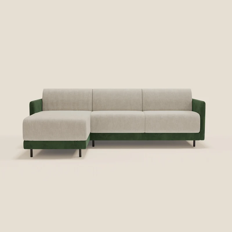 Narciso canapé d'angle convertible avec matelas H18 cm et chaise longue coffre en tissu bicouleur T11 et T06 vert - crème