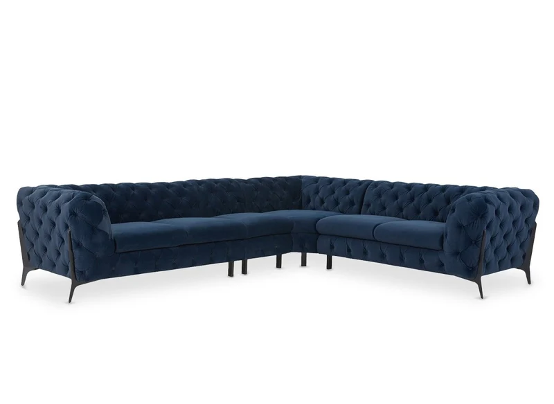 Canapé capitonné chesterfield d'angle réversible en velours bleu CARMEN