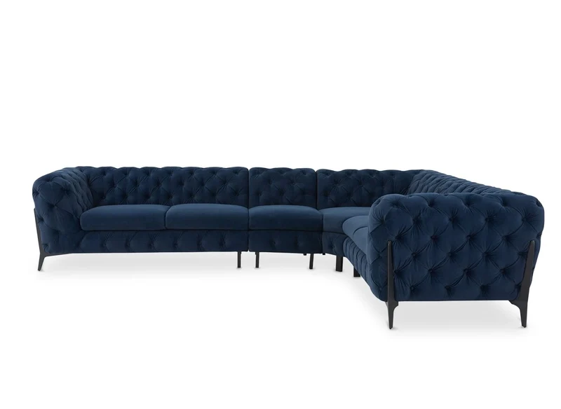 Canapé capitonné chesterfield d'angle réversible en velours bleu CARMEN