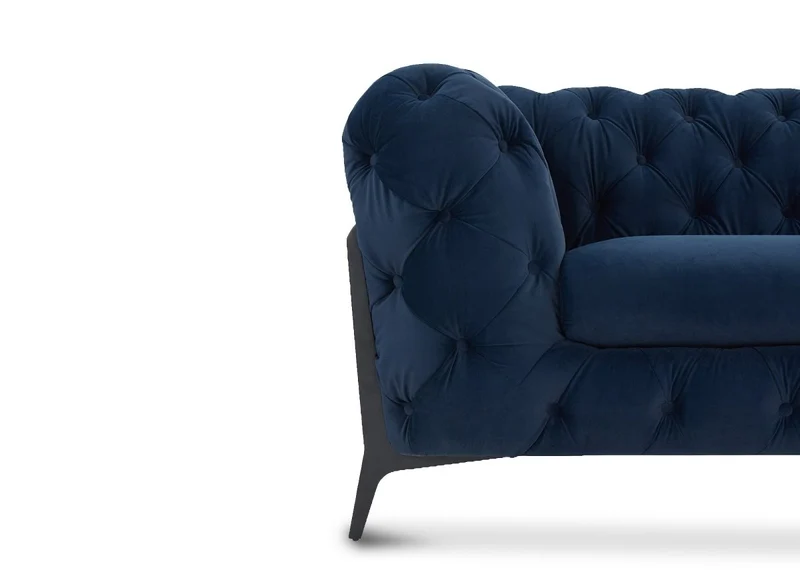 Canapé capitonné chesterfield d'angle réversible en velours bleu CARMEN