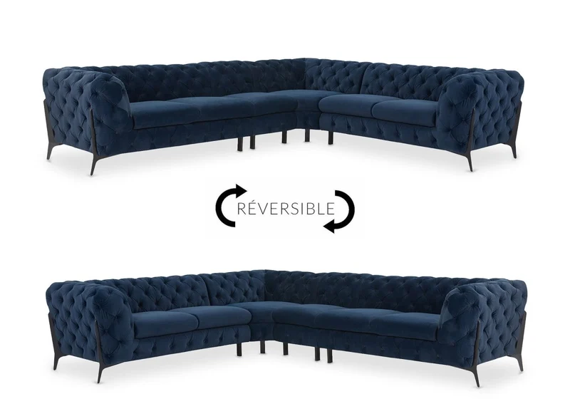 Canapé capitonné chesterfield d'angle réversible en velours bleu CARMEN