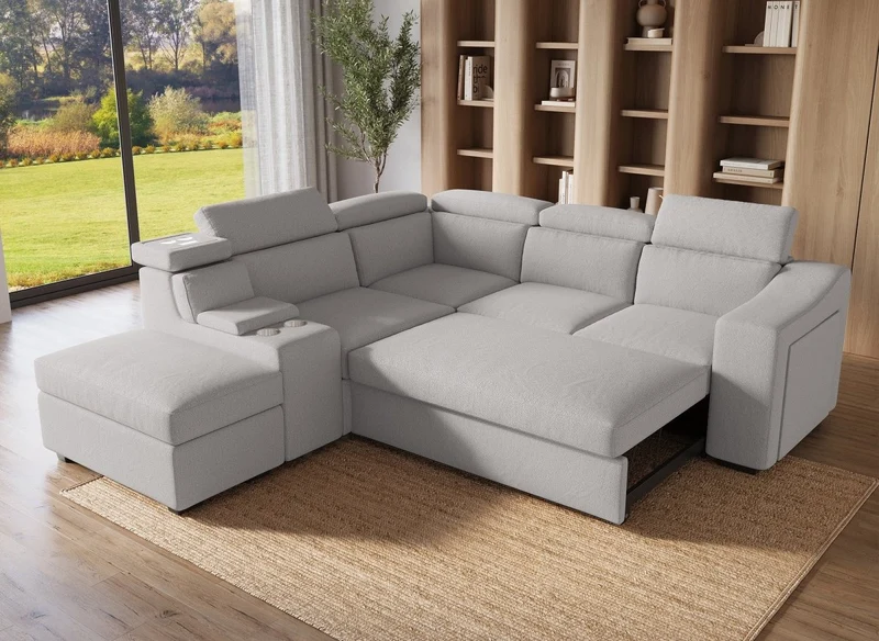 Canapé d'angle convertible en tissu beige DEREK XL - Angle gauche