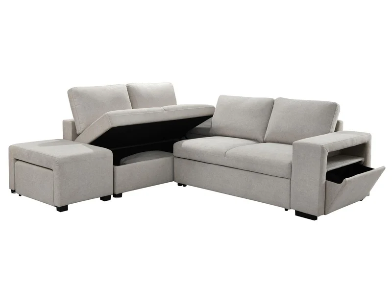 Canapé d'angle convertible en tissu beige ALBAN - Angle gauche