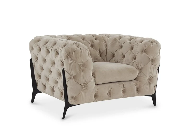 Fauteuil capitonné chesterfield velours beige CARMEN