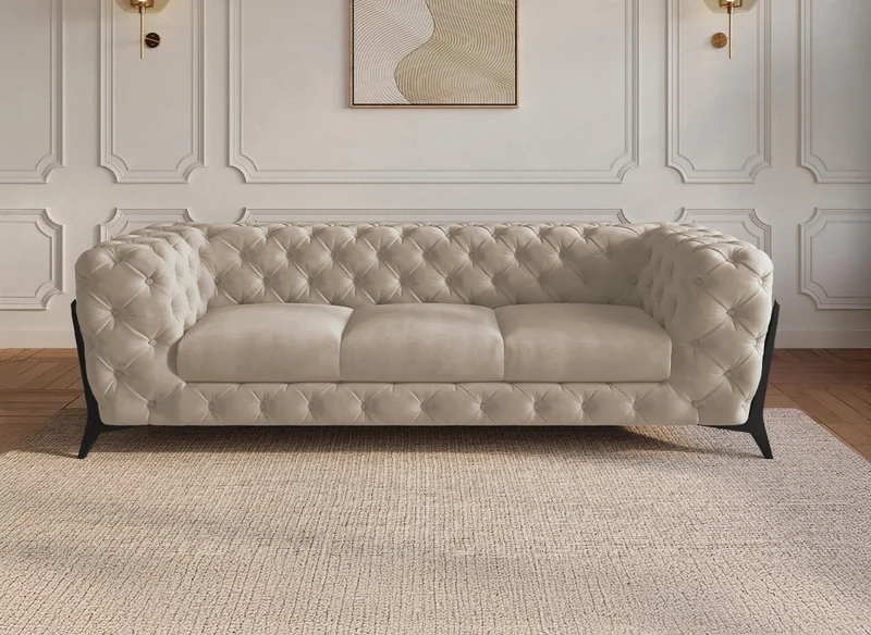 Canapé fixe 3 places capitonné chesterfield velours beige CARMEN