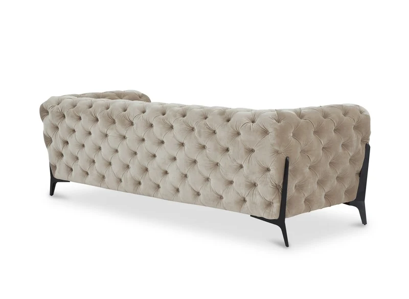 Canapé fixe 3 places capitonné chesterfield velours beige CARMEN